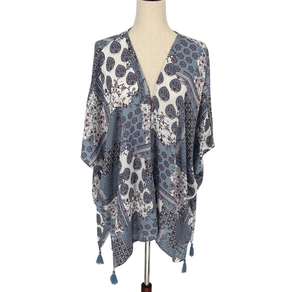 Mittoshop Womens Boho Floral Paisley Print Kimono Size S Blue Open Front Tassels